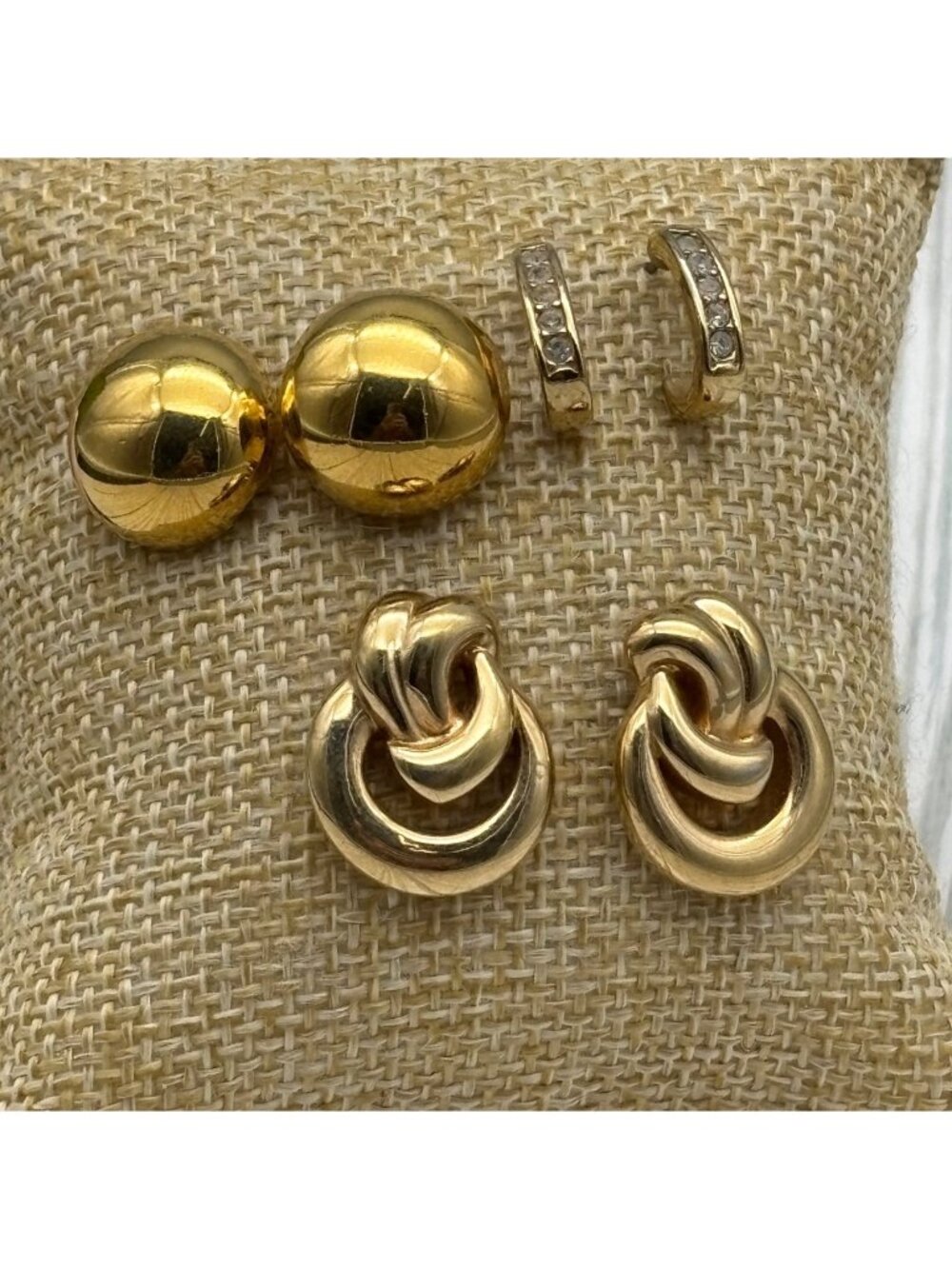 Lot Of 3 Gold-Tone Earrings: Knots Domed Button & Crystal Hoop Styles One MONET
